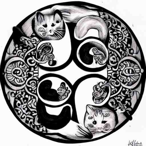 two cats holding each other's tail, yin yang circle design, tattoo design, ink drawing, designed by Kamiel Proost