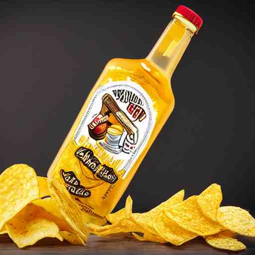 bag of chips with malort bottle design, jeppson's malort, malort bottle, hd render, realistic 