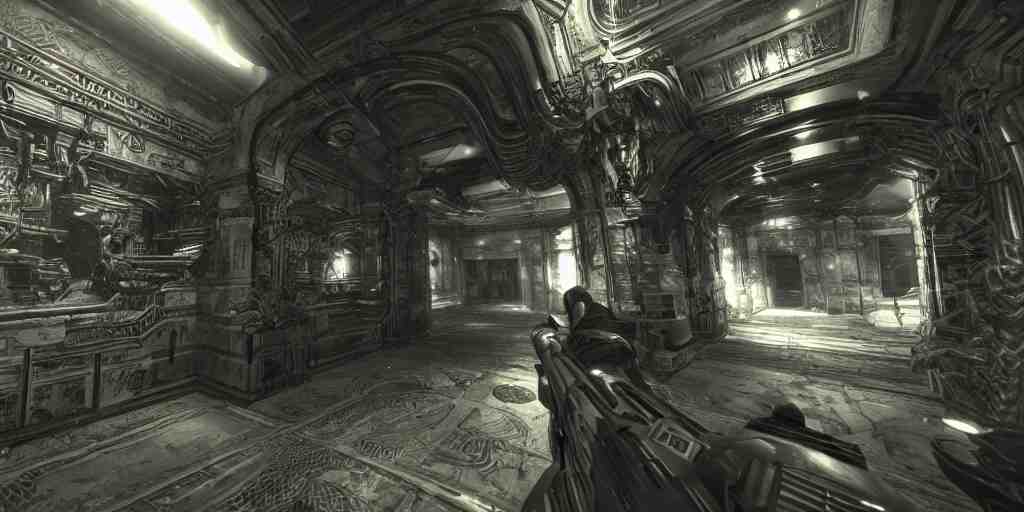 Gameplay footage of a first person game designed by H.R Giger and Kojjima, amazing graphics, raytracing, detailed