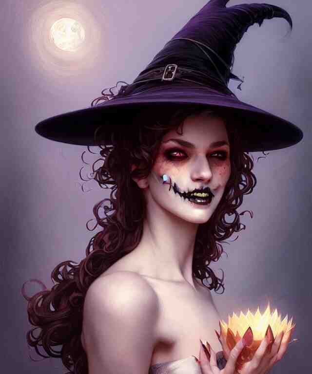 halloween witch woman in a hat smiles, fantasy magic, undercut hairstyle, dark light night, intricate, elegant, sharp focus, illustration, highly detailed, digital painting, concept art, matte, art by wlop and artgerm and greg rutkowski and alphonse mucha, masterpiece 