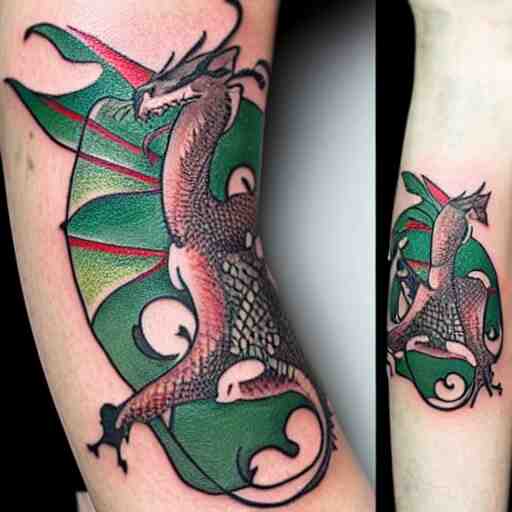 Tattoo of a dragon starting from the elbow, wrapping around the wrist in a downward spiral, emerald placed inside of the dragons mouth, forearm tattoo