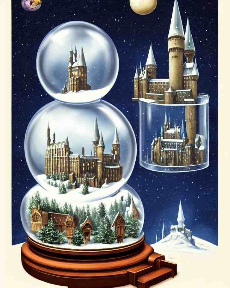 an achingly beautiful print of one snow globe with hogwarts inside by raphael, hopper, and rene magritte. detailed, proportional, romantic, vibrant, enchanting, trending on artstation 