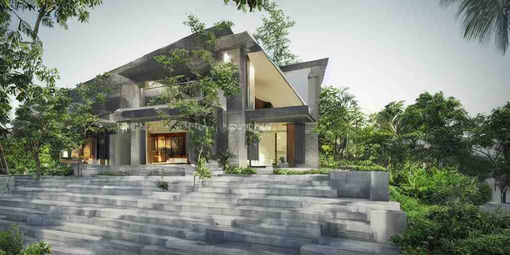 3d rendering  of beautiful nature meets architecture concept of a residential house. balinese architecture, volumetric lighting, high detail, 14mm,  glass railing, outdoor staircase, terraces, roof garden, cinematic photography, cg architects,  high resolution