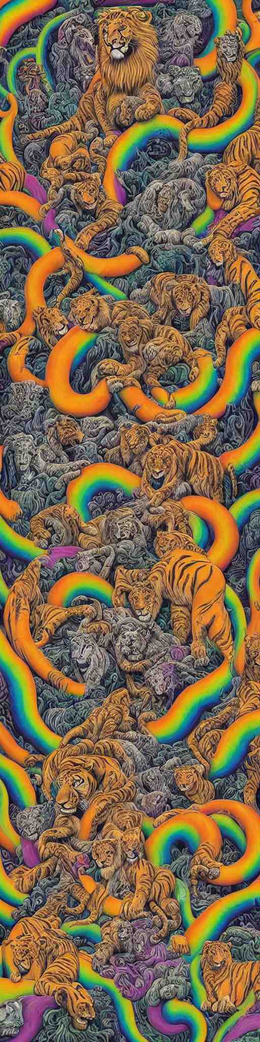 lions and tiger and bears dissolving into melted liquid braids, cubensis, aztec, basil wolverton, r crumb, hr giger, mc escher, dali, muted but vibrant colors, rainbow tubing, 