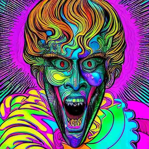 a psychedelic godlike humanoid, hyper detailed, in the style of rutkowski and junji ito and bob ross and lisa frank, selfie 