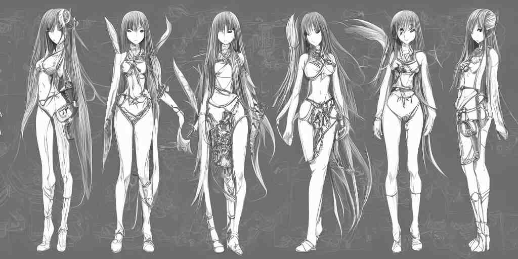anime woman, long hair, fantasy theme, front side/back/view character sheet, three views, lineart, varying thickness, manga pen, traditional art, Indian ink, in the style of Final Fantasy IX, 3D modeling concept sheet, white background, orthographic view