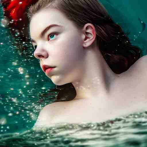 a beautiful girl like anya taylor - joy floating under the deep water, white petal, by personal photography, art by brookskim, closeup, 4 k, highly detailed, instagram, 