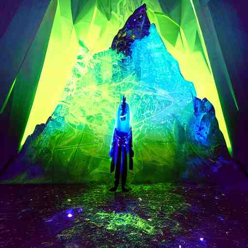 A space wizard stand in front of giant, glowing crystal sits in the center of a dark room, Strange symbols line the walls, and a soft light glows from somewhere deep within the room, highly detailed, digital photo, HDRI, by christopher bretz and kael ngu, vivid colors, high contrast, 8k resolution, intricate, photorealistic, smooth, psychedelic color scheme, concept art, award winning, cg society contest winner