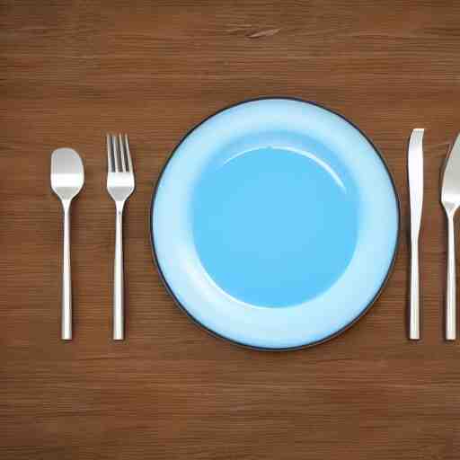 a hyperdetailed blue fork, 3 d render, ultra high detail, octane render, rtx, hdr, the fork is on a plate, the plate is on a wooden table. 