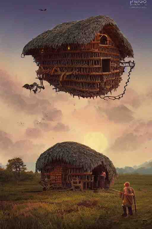 an awesome twilight day concept art of giant hen mixed with old hut, by kengo kuma and wes anderson with village, mixed development, cgsociety, fantastic realism, artstation hq 