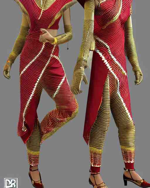 marvelous designer 3d render Assamese bihu mekhela sador pattern gamosa style fashion costume design, D&D futuristic retrofuturistic-sci-fi dynamic, modern stylish glamour body hugging cosplay, highly inventive pattern cutting, cgsociety, unreal engine 8k