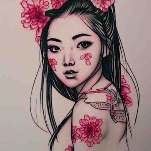 tattoo design, stencil, traditional, beautiful portrait of a Asian girl with flowers in her hair, upper body, by artgerm, artgerm, digital art, cat girl, sexy