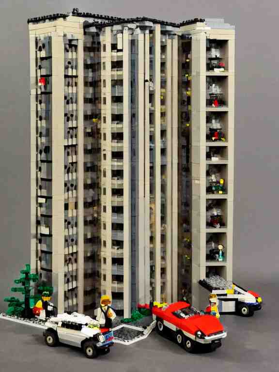 detailed lego!!!!!!!!!! miniature diorama!!!!!! a soviet residential building!!!!!!!!!, brutalism!!!!!! architecture, lights are on in the windows, car parking nearby, elderly man passing by, dark night, cozy and peaceful atmosphere, fog!!!!!!!, cold winter, snowing, streetlamps with orange light, several birches nearby 