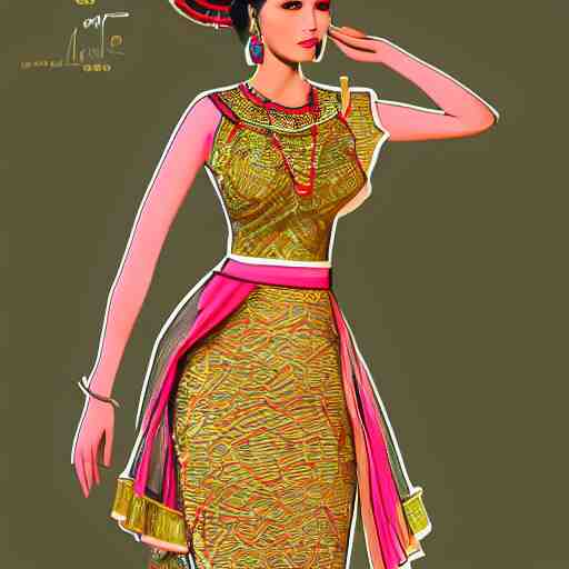 fashion designer color sketch illustration of a beautiful girl wearing modern stylish costume in the style of Assamese bihu mekhela sador design gamosa, elegant glamourous cosplay, unreal engine 8k, ornamental, intricate, sensual, highly detailed, artstation, golden ratio, sharp focus