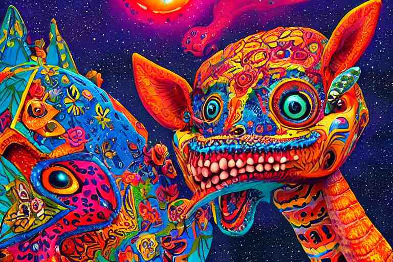 Alebrijes” full body portrait, 3-D 8k , digital art, Mexican folk art, cute single animal, contrasting nebula background, Hyperdetailed, Martin Sandiego, Julia Fuentes, Adi Granov