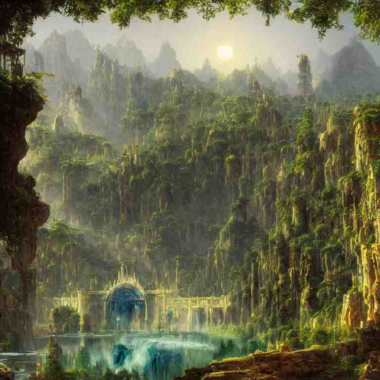 a sprawling science fiction city inspired by rivendell, painted by bierstadt and chirico hidden in a forest 