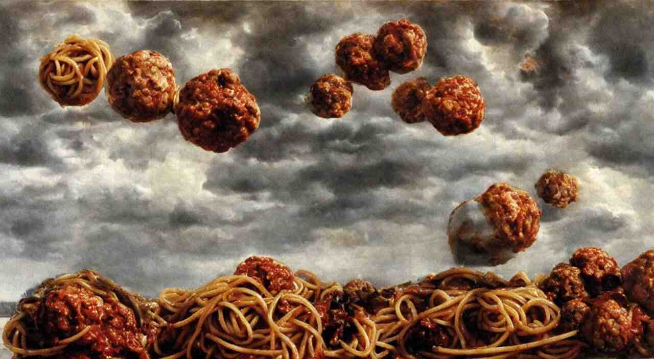 spaghetti bolognesa with meatballs and hundred rusted perfect woman bodies flying in stormy clouds by dali, hyper - realism 