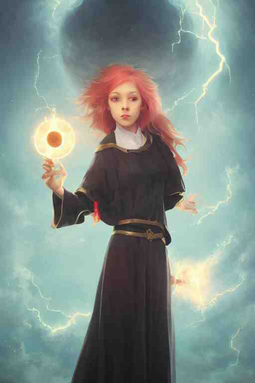 a cute wizard girl conjuring a lightening ball, character art portrait, anime key visual, official media, illustrated by tom bagshaw, wlop, william bouguereau, extremely detailed, 8 k, trending on artstation, cinematic lighting, beautiful 