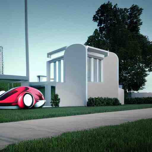 a house in the future house, retrofuturim, lawn, trees, white picket fence, futuristic flying car parked on the landing pad, realistc octane render, depth of field, soft lighting, 8k