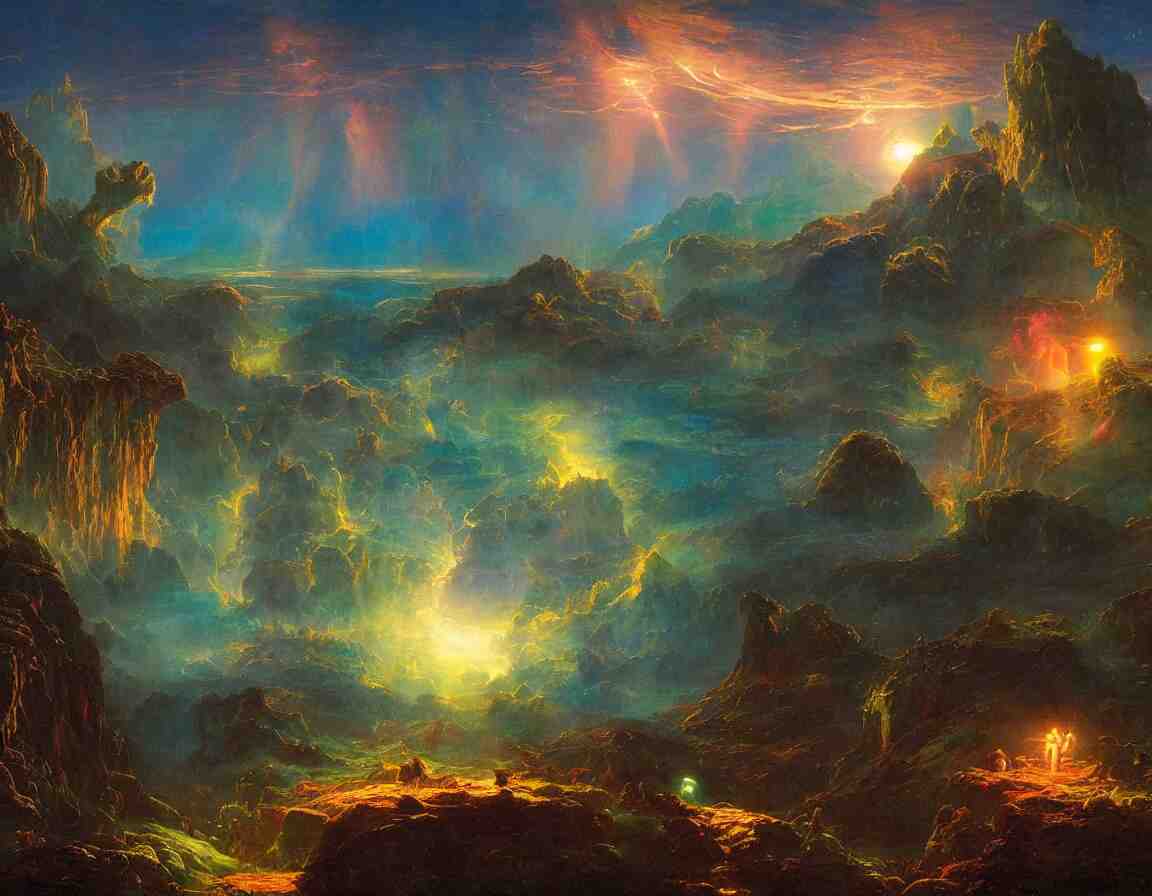 night on a trippy alien planet full of bioluminescent flora, concept art by albert biertadt, thomas cole, frederic edwin church, hudson river school, majestic, awe - inspiring, breathtaking 