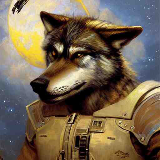 a portrait of a wolf dogman canine star pilot. highly detailed painting by gaston bussiere, craig mullins, j. c. leyendecker, furry 