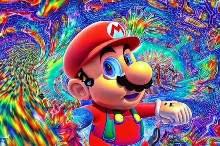 mario tripping on acid by alex grey, psychedelic, vibrant, 