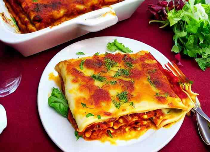 mouth - watering image of a vegan lasagne on the cover, with layers of pasta, vegetables, and a cheesy sauce. the lasagne is served with a side salad and a glass of red wine. 