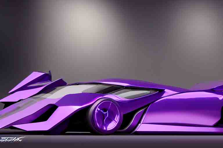 cyberpunk purple batmobile concept inspired sports car, futuristic look, highly detailed body, very expensive, photorealistic camera shot, bright studio setting, studio lighting, crisp quality and light reflections, unreal engine 5 quality render 