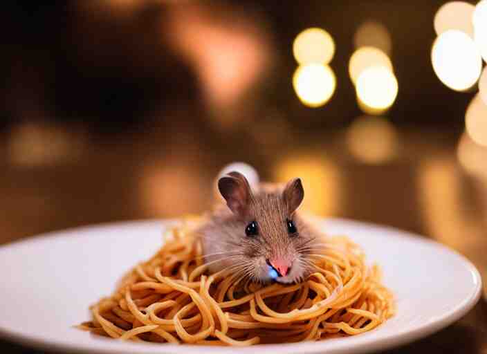 photo of a hamster eating spaghetti, at night, candlelit restaurant table, various poses, unedited, soft light, centered, sharp focus, 8 k 