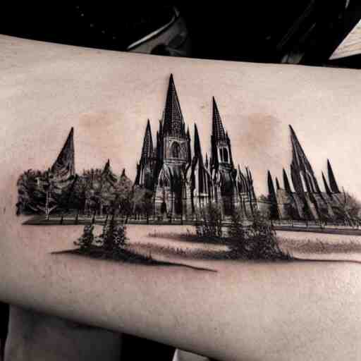 tattoo of a gothic cathedral. Black and white, 4k, photorealistic, artstation