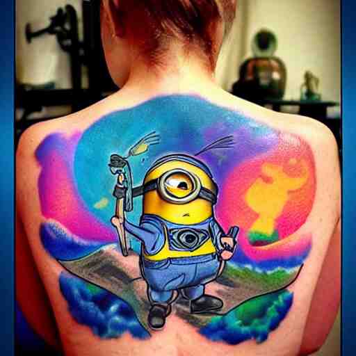 tattoo of minion on female back, epic, colorful, beautiful, intricate detail