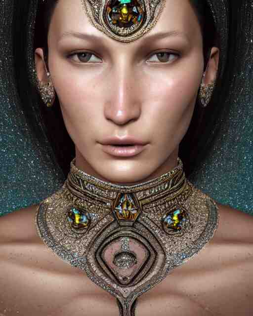 a highly detailed metahuman 8 k close up render of bella hadid in gustav klimt style in diamonds crystals swarovski and jewelry on artstation made in unreal engine 4 