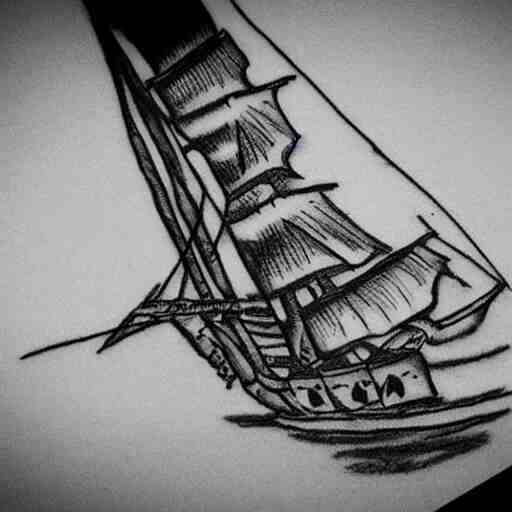 pirate ship on a deserted island, realism tattoo drawing, hyper realistic, shaded