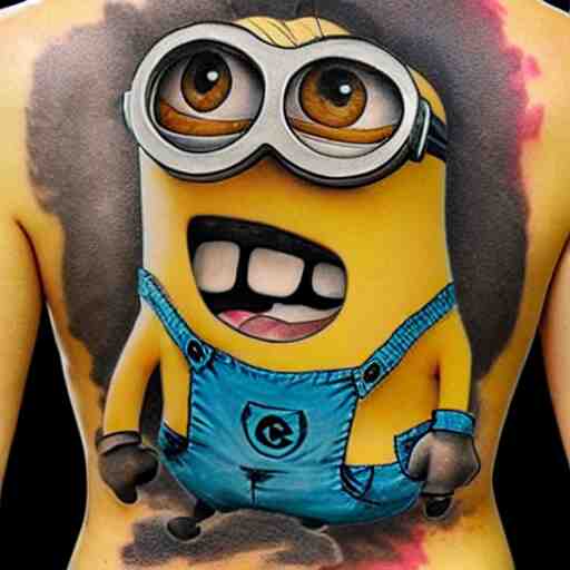 tattoo of minion on female back, epic, colorful, beautiful, intricate detail