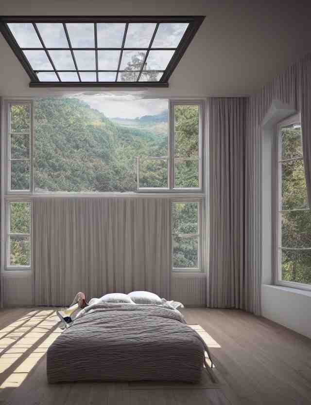 an ultra wide angle photo of a bed hovering above the floor in the middle of a giant bedroom with windows opening to other worlds by casey weldon and lee madgewick, photorealistic, octane render, recursive!!!!, flowing!!!!, cascading, multiverse!!!!, labyrinthine!!!! 