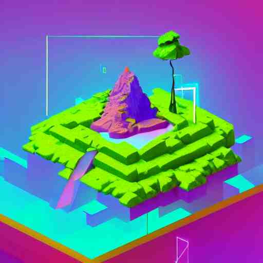 isometric floating island on neon background, isometric invironment, 3d art, isometric art, high detail, artstation, concept art, behance, ray tracing, smooth, sharp focus, ethereal lighting