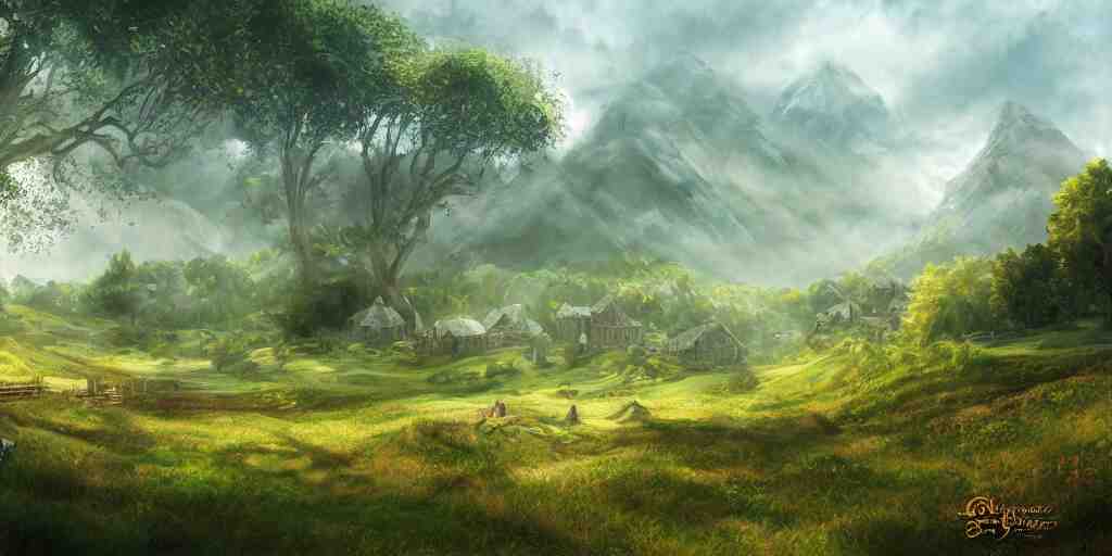 the shire, beautiful scenic landscape, lord of the rings, highly detailed professional digital painting, artstation 