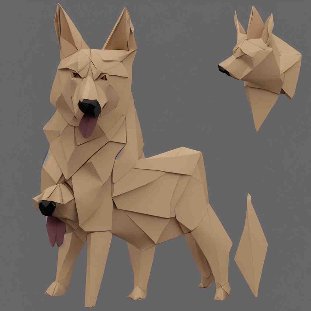 3 d rendering of japanese paper origami of simplified shape of german shepherd, 2 d image 