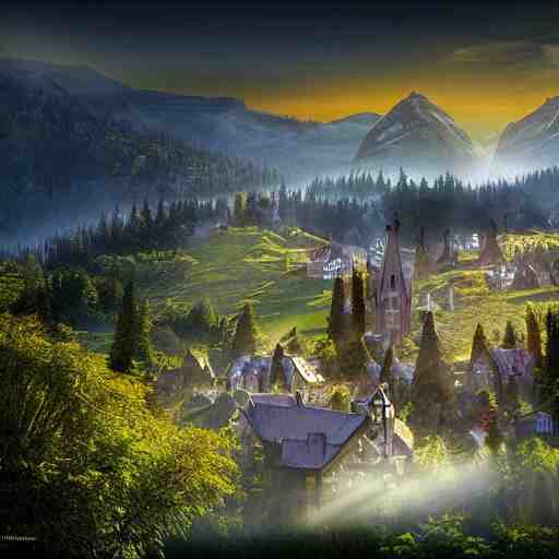 magical academy on a mountain, town below, mist, mystical, happy, sunshine, realistic, by bagshaw, tom 