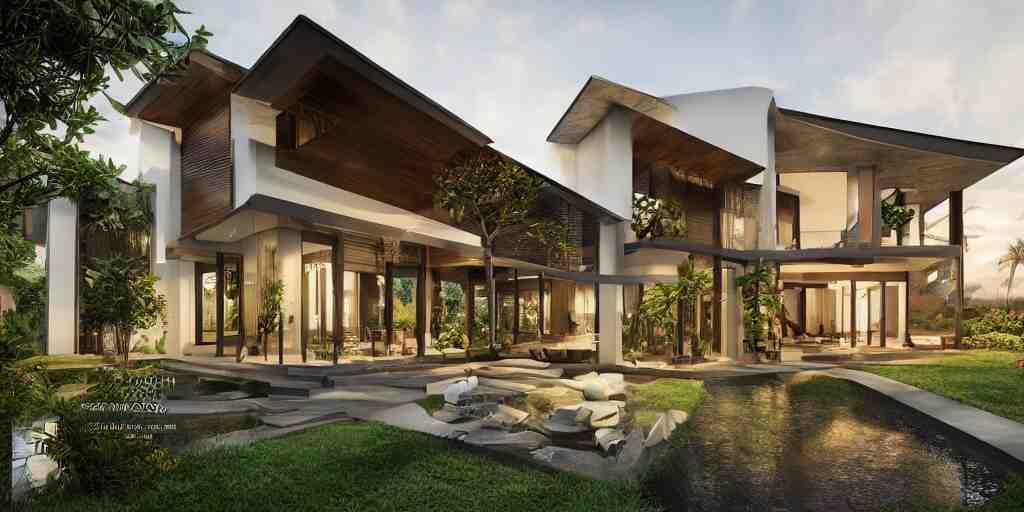 3d rendering  of beautiful nature meets architecture concept of a residential house. balinese architecture, volumetric lighting, luxury, high detail, 14mm, cinematic photography, cg architects,  high resolution