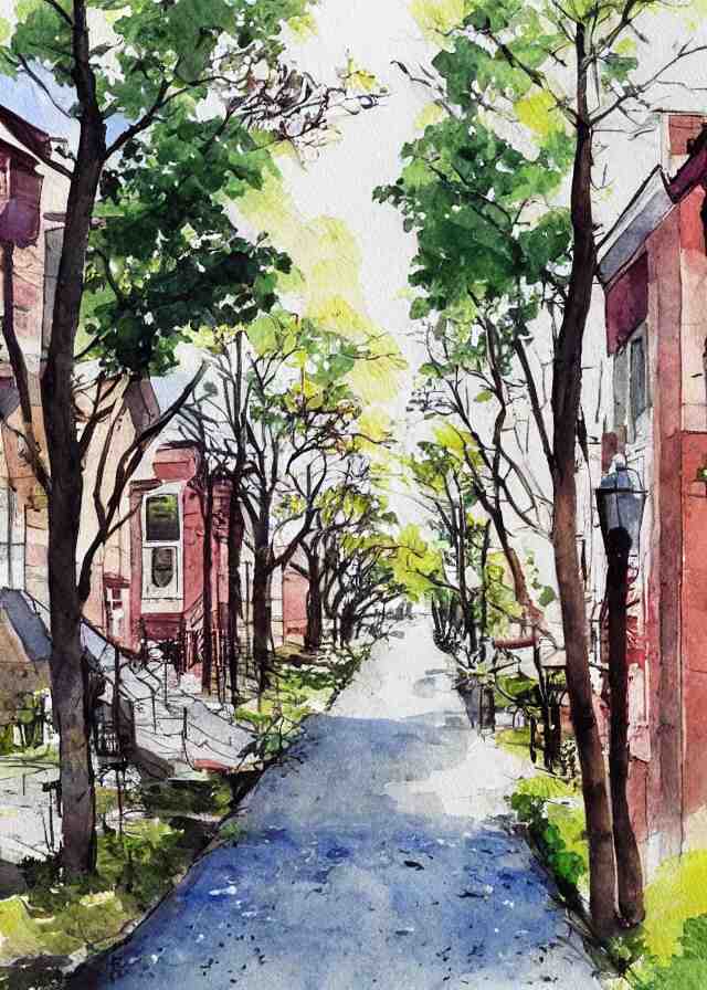 street lined with old residential houses summer watercolor by arti chauhan trending on artstation 