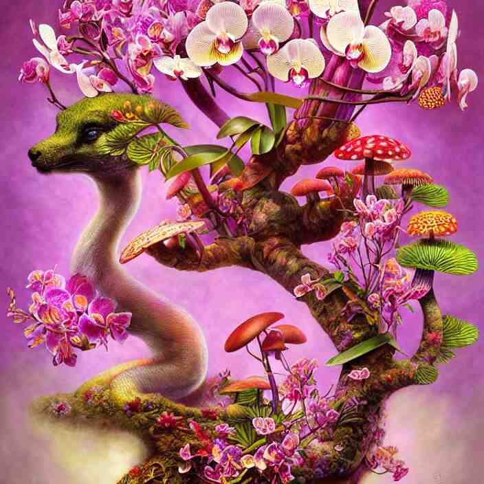 extremely psychedelic animal made of orchid and cherry blossom tree and mushroom, LSD, diffuse lighting, fantasy, intricate, elegant, highly detailed, lifelike, photorealistic, digital painting, artstation, illustration, concept art, smooth, sharp focus, art by John Collier and Albert Aublet and Krenz Cushart and Artem Demura and Alphonse Mucha