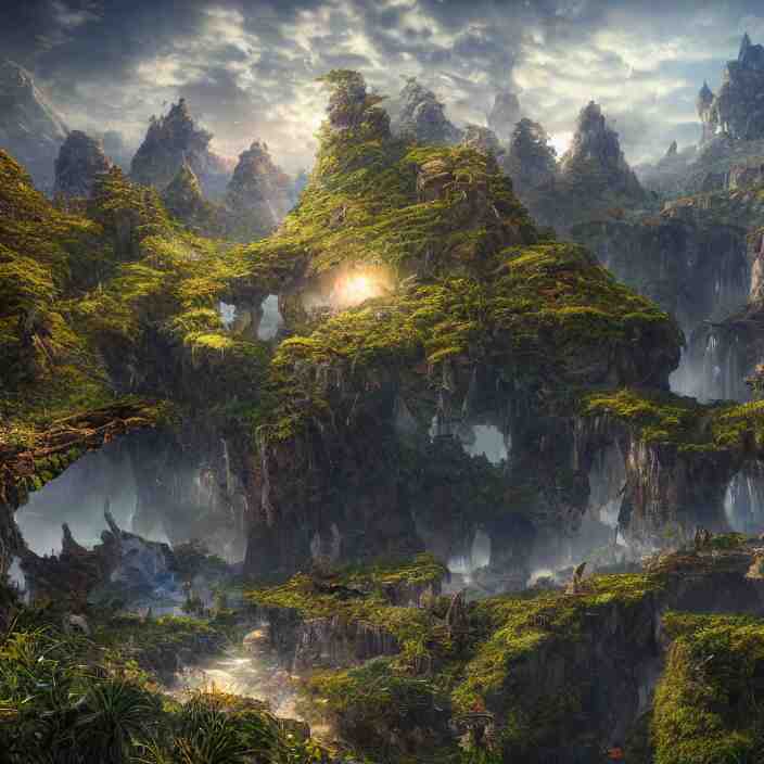 beautiful realistic landscape photo of fantasy mmo world, intricate detailed, innovation, bright modern style, artstation, unreal render, depth of field, ambient lighting, award winning, stunning