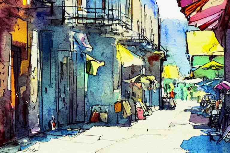 street summer watercolor pen light color on artstation 