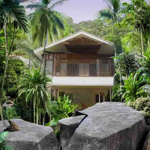 2000sf two level house,wrap around balconies, rock front yard, in a tropical rainforest,photorealistic,8k, XF IQ4, 150MP, 50mm, F1.4, ISO 200, 1/160s, natural light