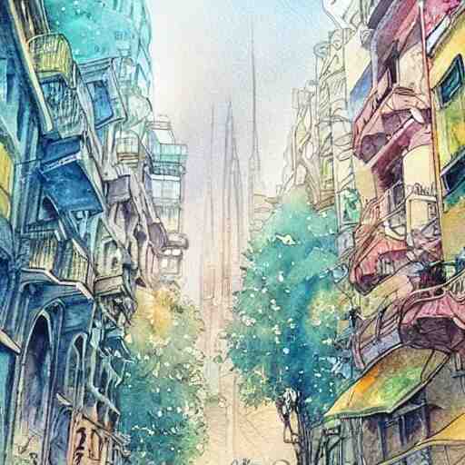 Beautiful happy picturesque charming sci-fi city in harmony with nature. Nice colour scheme, soft warm colour. Beautiful detailed watercolor by Lurid. (2022)