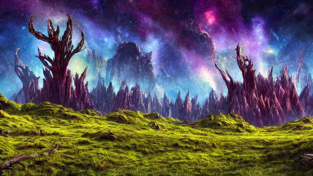 an alien landscape view, alien sky, star in the sky, alien waterfall, alien grass, weird alien trees, alien mountains, epic composition, colorful, 4 k, detailed, realistic 