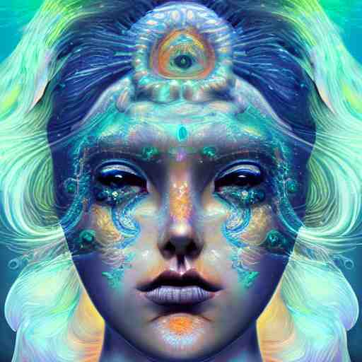 An extremely psychedelic portrait of deep sea goddess, surreal, LSD, face, detailed, intricate, elegant, lithe, highly detailed, digital painting, artstation, concept art, smooth, sharp focus, illustration