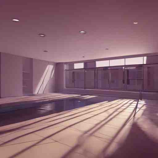 a white empty pink office with sun rays looming down, with a pool inside, dynamic lighting, photorealistic concept art, trending on art station, stunning visuals, creative, cinematic, ultra detailed, ray tracing 