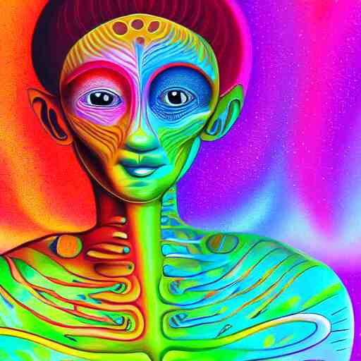 a digital painting close shot of an alien pondering into your soul, green trees in the background, alex grey, lisa frank, colorful, vibrant,